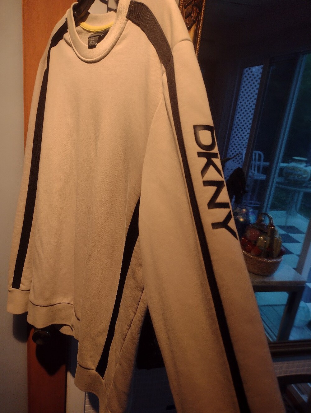 DKNY Cream Crewneck Sweater with Black Shoulder Stripes